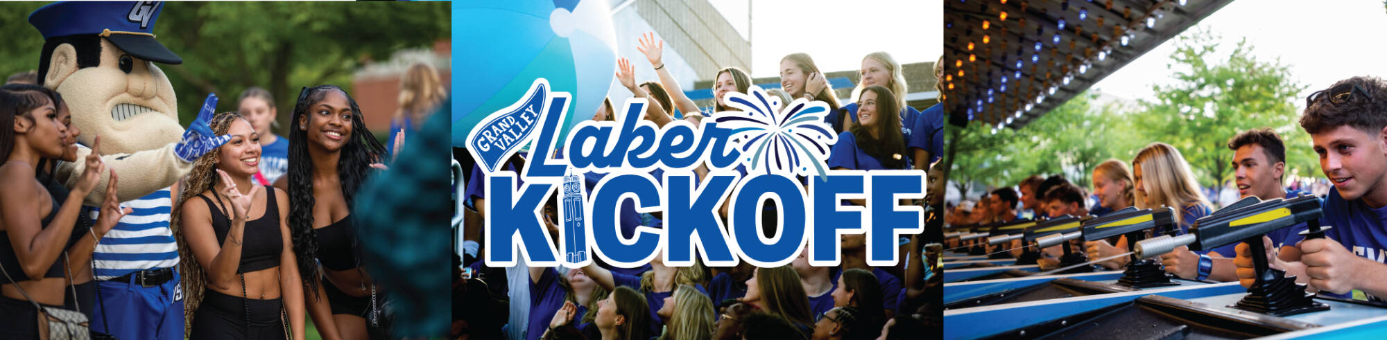Laker Kickoff - students smiling and holding up the anchor up sign with their hands, passing a beach ball around and playing carnival games